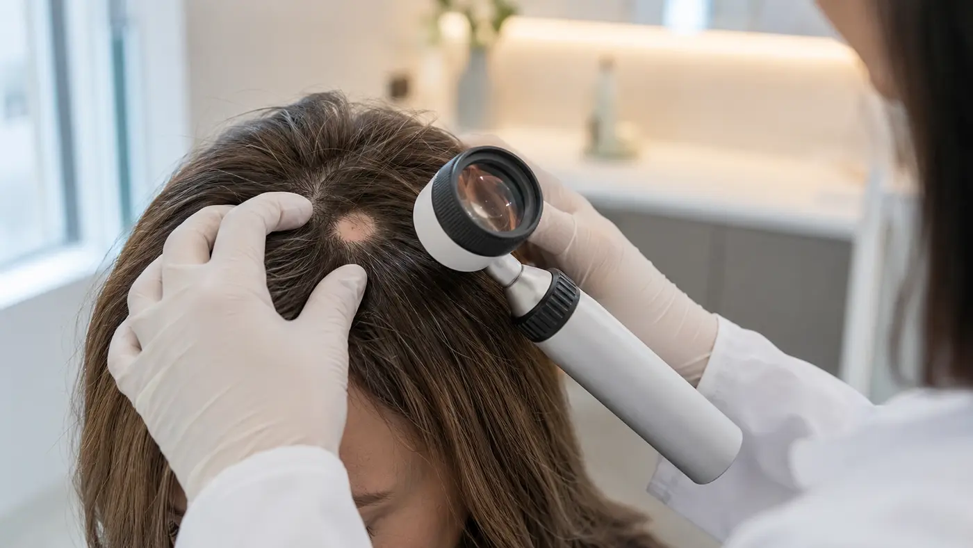 Imagem clínica ilustrativa: Alopecia areata: quando a queda aparece em áreas localizadas