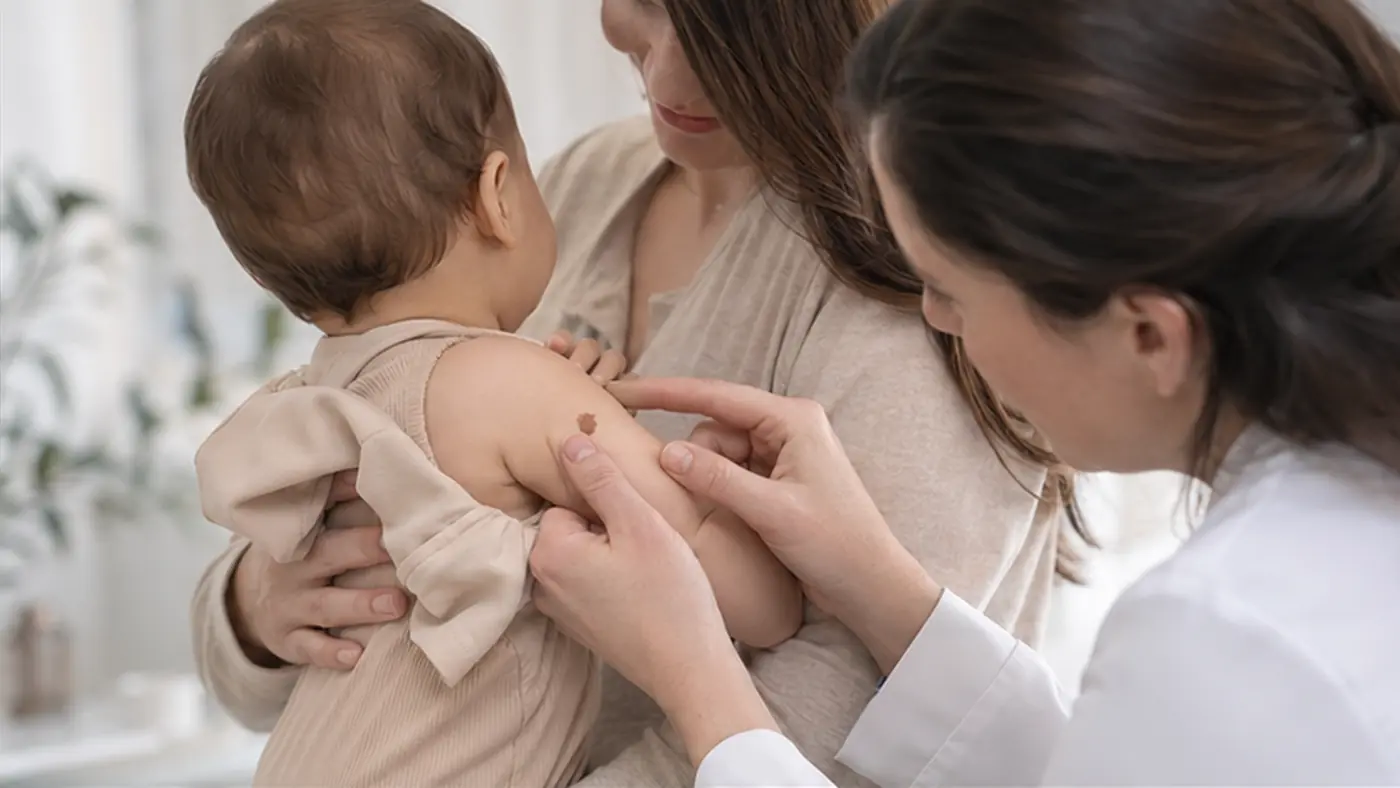 Imagem clínica ilustrativa: Marcas de nascimento: quando uma mancha do bebê precisa de avaliação