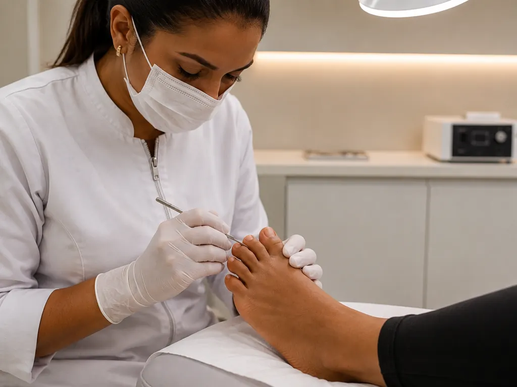 Cuidado podológico das unhas dos pés com instrumental estéril