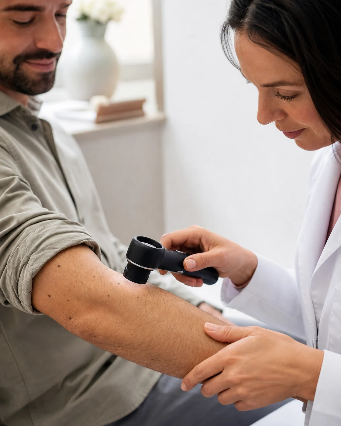Dermatologista examinando pintas no antebraço de um paciente com dermatoscópio
