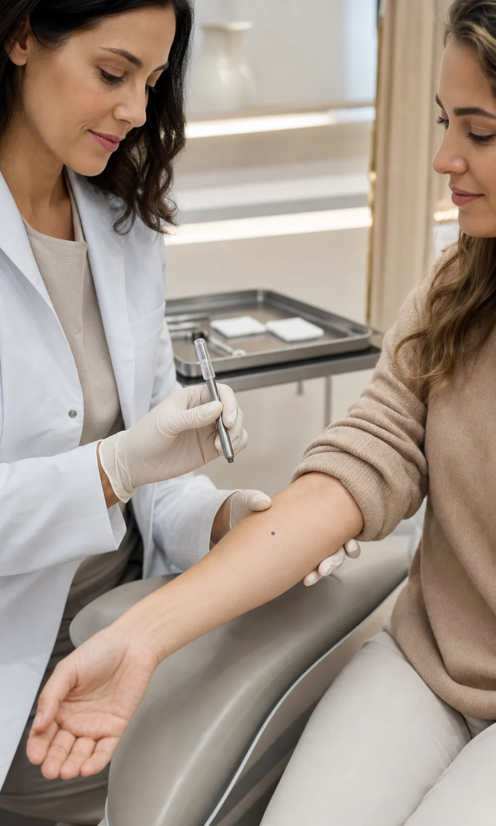 Dermatologista preparando uma biópsia de pele no antebraço de uma paciente