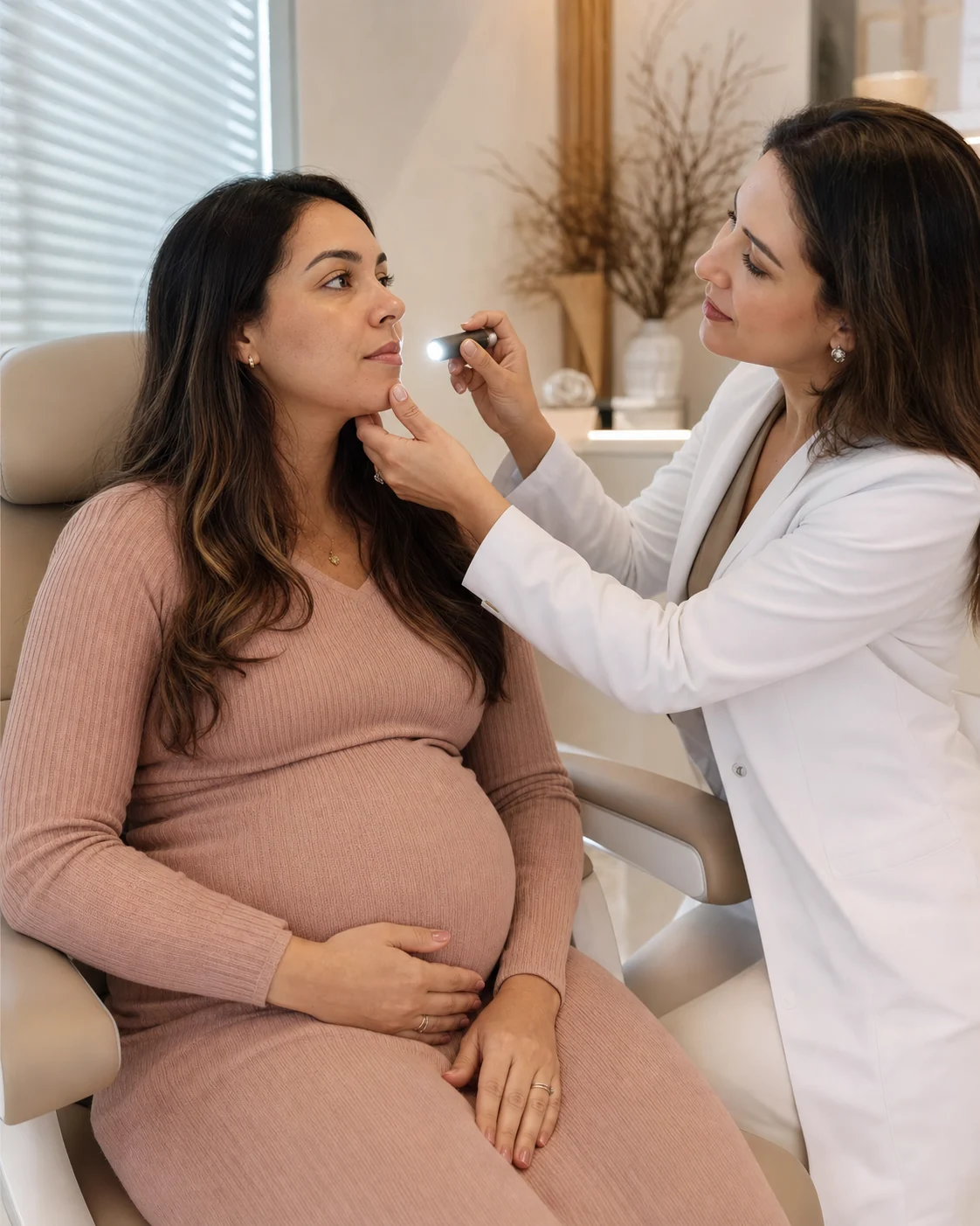 Gestante recebendo avaliação da pele do rosto em consulta dermatológica