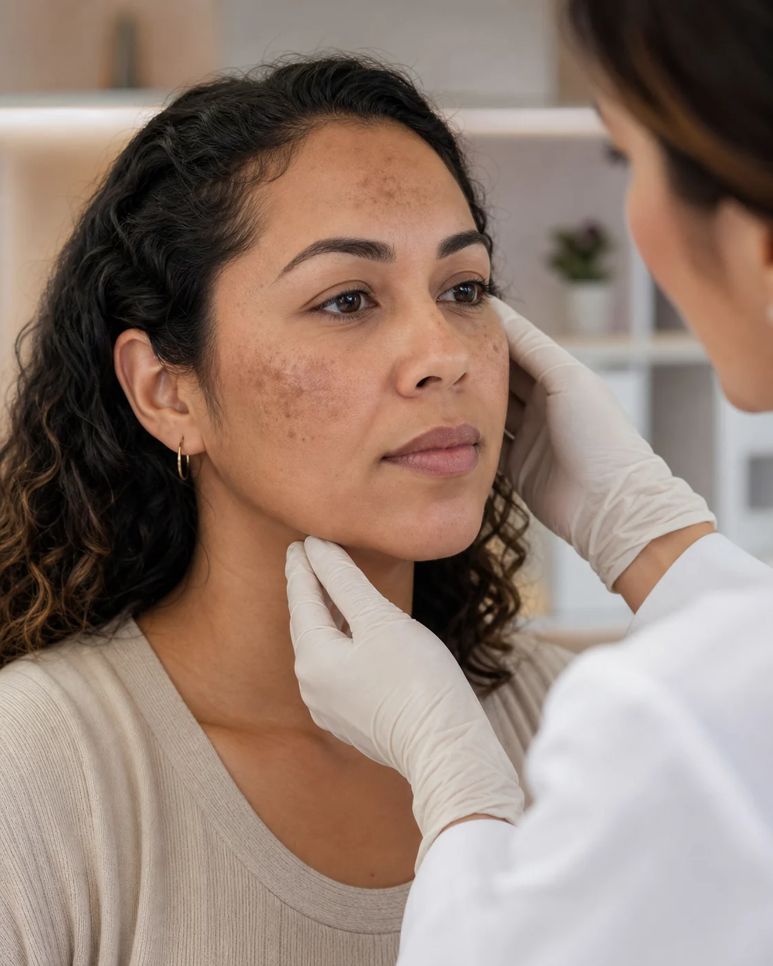Dermatologista avaliando manchas de melasma no rosto de uma paciente