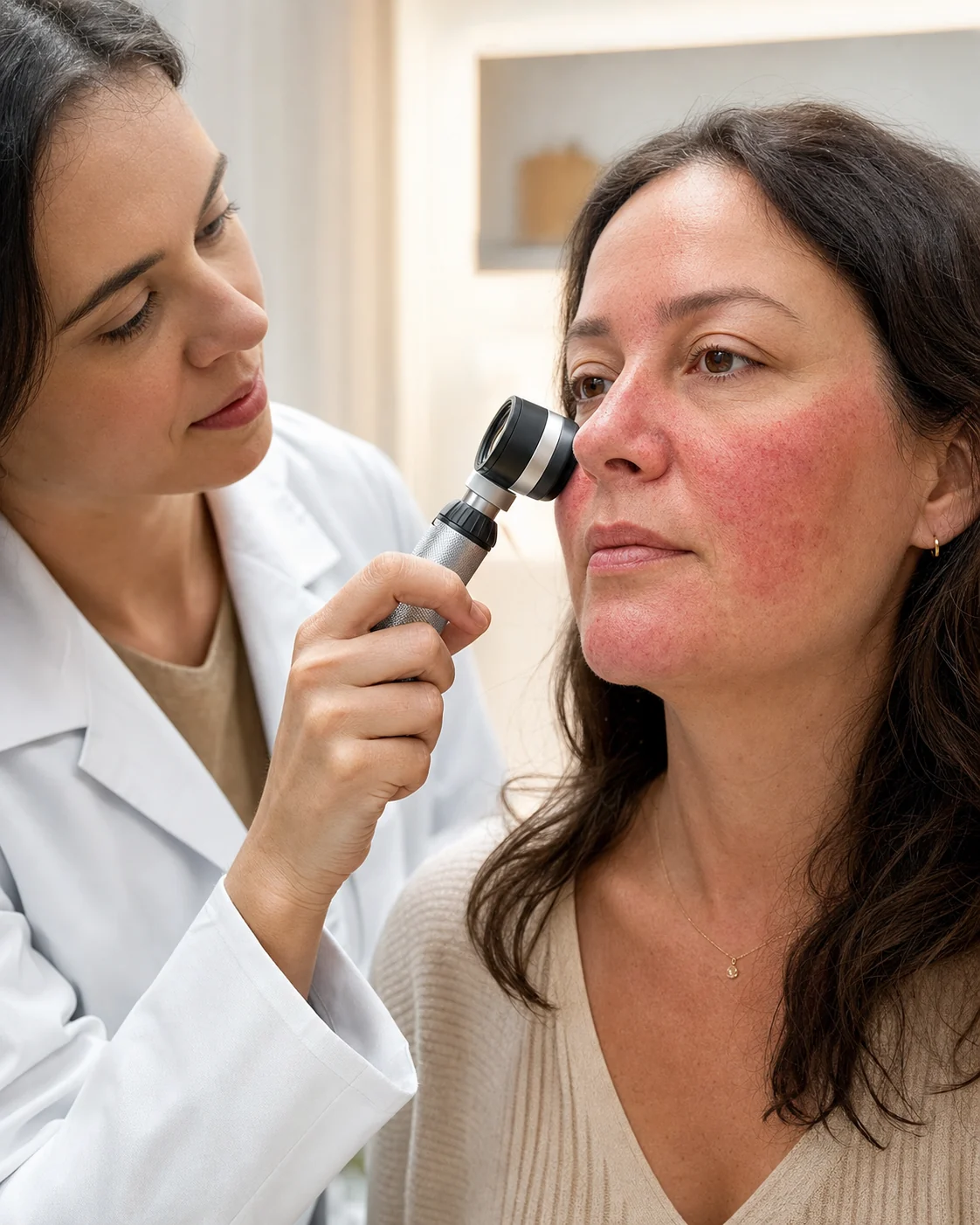 Dermatologista examinando a rosácea no rosto de uma paciente