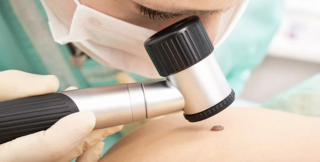 Exame dermatológico com dermatoscópio.
